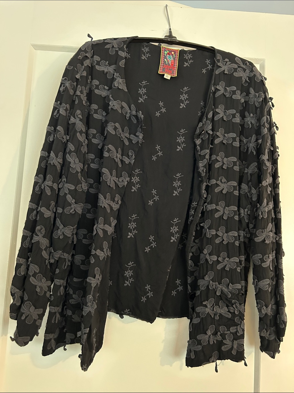 Johnny Was Boho Embroidered Button Front Black Rayon Cardigan